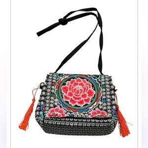 Boho Floral Embroidered Crossbody Bag with long Strap & red tassels on each side